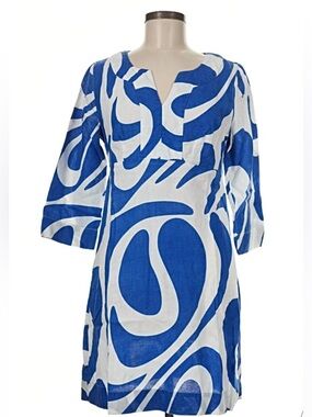 Boden Blue & White Abstract Swirl Tunic-Resort/Vacation Wear-100% Linen